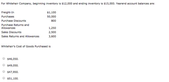 For Whitehair Company, beginning inventory is $12,000 and ending inventory is $15,000. Yearend account balances are: $1,100 5