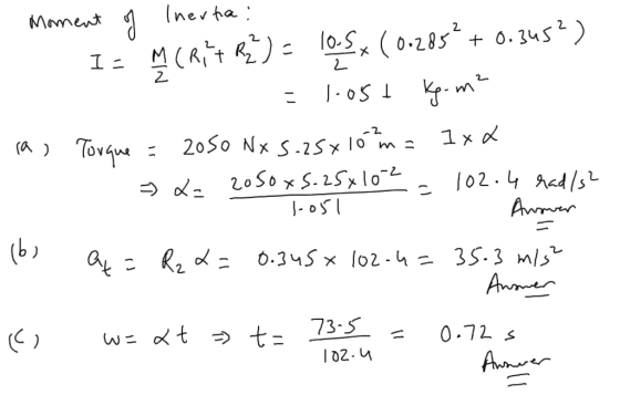 . Moment of Inerta: 1- M CRTR10.5x (0.285² + 0.3452) = 1.050 kg-m² ra, Torque = 2050 NX s. 25x152 m = 1x - 2050xS. 25x102, 10