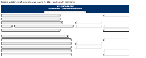 Prepare a statement of comprehensive income for 2021, starting with net income. WILDHORSE, INC Statement of Comprehensive Inc