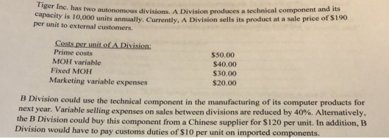 Tiger Inc. has two autonomous wo autonomous divisions. A Division produces a technical component and its capacity is 10 000 .