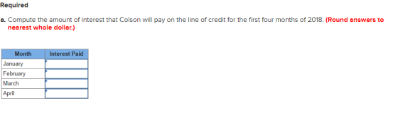 Required a. Compute the amount of interest that Colson will pay on the line of credit for the first four months of 2018. (Rou