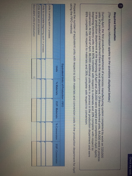 Check my work Required Information [The following information applies to the questions displayed below) During April, the fir