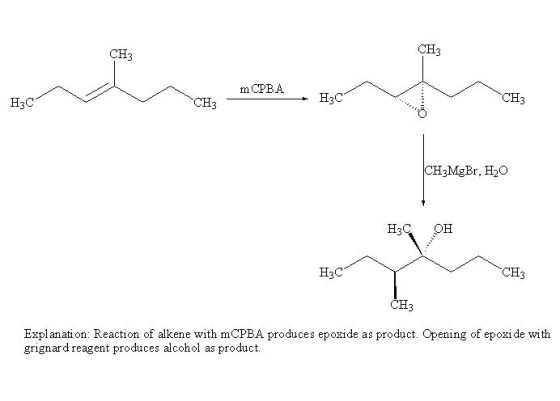 CH3 CH3 m CPBA CH3 H3C CH3 0 CH3 H2C CH3 Explanati on: Reaction of alkene with mCPBA produces epoxide as product. Opening of epoxi de with grignard reagent produces alcohol as product.
