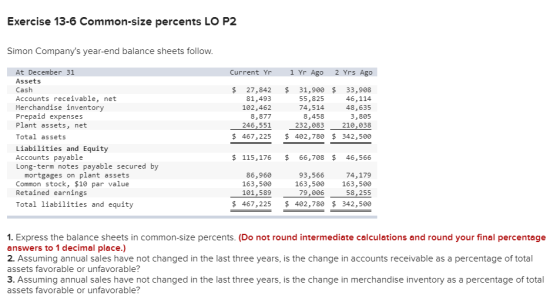 Exercise 13-6 Common-size percents LO P2 Simon Companys year-end balance sheets follow. Current Yri Yr Ago 2 Yrs Ago At Dece