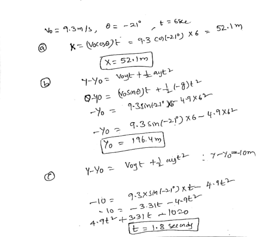 No = 9.3m/s, 0 = -21° t = 6sce. - 52: @ X= (VOCso)t = 9.3 coll-210) x6 = (x: 521) ] y-Yo = voyt tz ayt? 03:40 = yosing)t + +1