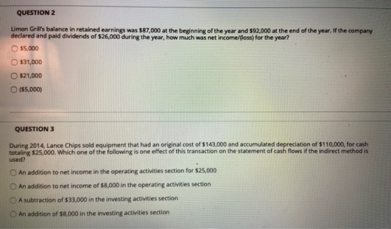 QUESTION 2 Limon Grills balance in retained earnings was $87.000 at the beginning of the year and $92,000 at the end of the