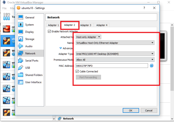 Oracle VM VirtualBox Manager File Mad ubuntu18 - Settings General Network System Adapter 1 Adapter 2 Adapter 3 Adapter 4 Disp