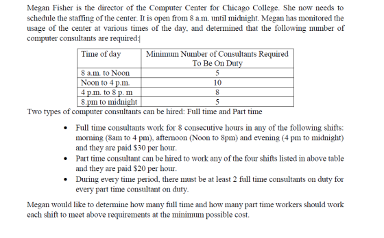 Megan Fisher is the director of the Computer Center for Chicago College. She now needs to schedule the staffing of the center