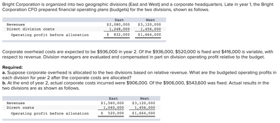 Bright Corporation is organized into two geographic divisions (East and West) and a corporate headquarters. Late in year 1, t