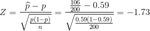 Z=\frac{\widehat{p}-p}{\sqrt{\frac{p(1-p)}{n}}}=\frac{\frac{106}{200}-0.59}{\sqrt{\frac{0.59(1-0.59)}{200}}}=-1.73