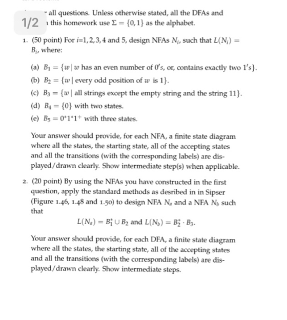 all questions. Unless otherwise stated, all the DFAs and 1 /2 1 this homework use Σ-(0, 1 } as the alphabet. (50 point) For i