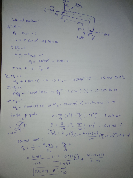 sino Flaso Internal reactions: EF=0 fo-Foso = 0 fx = 12 cosus = 08.485 is - Efy=0 + Fy - Esino =0 fy = 12 sibus = 8.485 is &