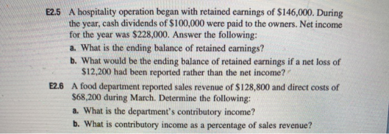 E2.5 A hospitality operation began with retained earnings of $146,000. During the year, cash dividends of $100,000 were paid