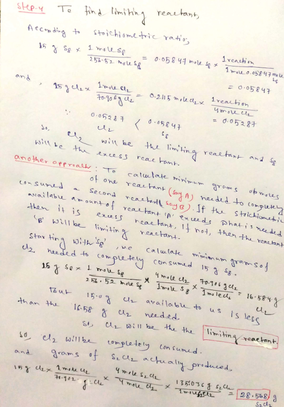 step-y To find limiting reactant, According to stoichiometric ratio, 15 g S8 & 1 molese 256 52 moles& - 0.05 84 molese reacti
