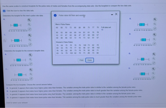 Use the same scales to construct boxplots for the pulse rates of males and females from the accompanying data sets. Use the b