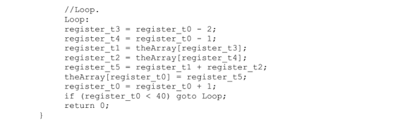 //Loop Loop: register t3-register t0 - 2 register t4 = register t0-1; register-t 1 = theAr ray [register-t3]; register t2 - t