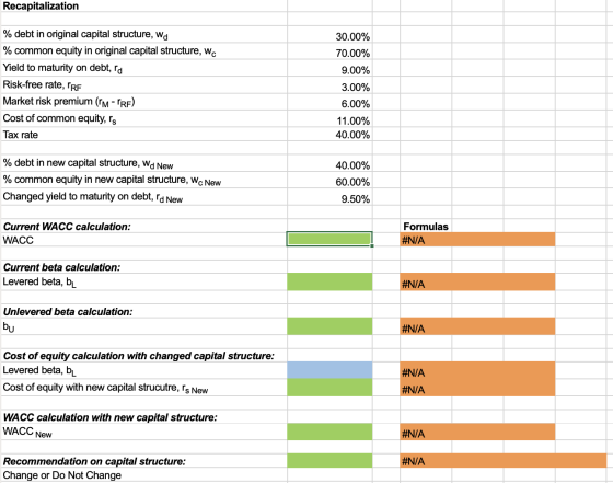 Recapitalization 30.00% 70.00% 9.00% % debt in original capital structure, wd % common equity in original capital structure,