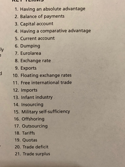 ILI ILIIVI D d 1. Having an absolute advantage 2. Balance of payments 3. Capital account 4. Having a comparative advantage 5.