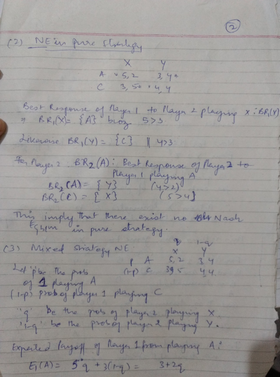 (2) NE in pure stotlegy A 45,2 3,44 C 3,54 44 Best Response of Player 1 to Playa & playing X:BR (X) BR, (X) = {A} broz 573