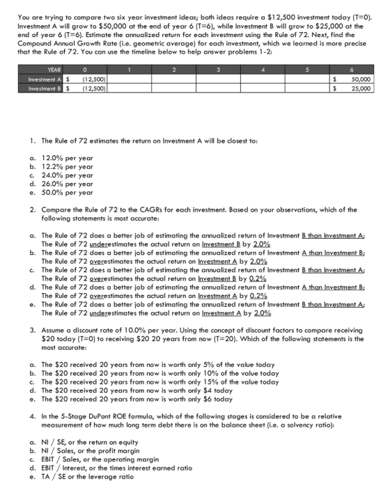 You are trying to compare two six year investment ideas; both ideas require a $12,500 investment today (T-0). Investment A will grow to $50,000 at the end of year 6 (T-ó), while Investment B will grow to $25,000 at the end of year 6 (T=6). Estimate the annualized return for each investment using the Rule of 72, Next, find the Compound Annual Growth Rate (i.e. geometric average) for each investment, which we learned is more precise that the Rule of 72. You can use the timeline below to help answer problems 1-2: YEAR Investment A Investment B 0 2 $12,500) $50,000 $25,000 $ (12,500) 1. The Rule of 72 estimates the return on Investment A will be closest to: a. 12.0% per year b. 12.2% per year c. 24.0% per year d. 26.0% per year e. 50.0% per year 2. Compare the Rule of 72 to the CAGRs for each investment. Based on your observations, which of the following statements is most accurate: a. The Rule of 72 does a better job of estimating the annualized return of Investment B than InvestmentA; b. The Rule of 72 does a better job of estimating the annualized return of Investment c. The Rule of 72 does a better job of estimating the annualized return of Investment B than InvestmentA; d. The Rule of 72 does a better job of estimating the annualized return of Investment e. The Rule of 72 does a better job of estimating the annualized return of Investment B than InvestmentA; The Rule of 72 underestimates the actual return on Investment B by 20% The Rule of 72 overestimates the actual return on Investment A by 2.0% The Rule of 72 overestimates the actual return on nvestment B by 0.2% The Rule of 72 overestimates the actual return on investment A by 0.2% The Rule of 72 underestimates the actual return on Investment A by 20% 3. Assume a discount rate of 10.0% per year. Using the concept of discount factors to compare receiving $20 today (T-0) to receiving $20 20 years from now (T-20). Which of the following statements is the most accurate: a. The $20 received 20 years from now is worth only 5% of the value today b. The $20 received 20 years from now is worth only 10% of the value today c. The $20 received 20 years from now is worth only 15% of the value today d. The $20 received 20 years from now is worth only $4 today e. The $20 received 20 years from now is worth only $6 today 4. In the 5-Stage DuPont ROE formula, which of the following stages is considered to be a relative measurement of how much long term debt there is on the balance sheet (i.e. a solvency ratio): a. NI SE, or the return on equity b. NI / Sales, or the profit margin c. EBIT Sales, or the operating margin d. EBIT Interest, or the times interest earned ratio e. TA / SE or the leverage ratio