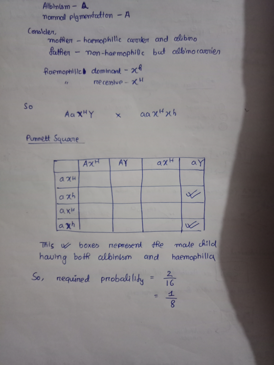 Albinism - A normal plgmentation - A Consider, mother - haemophilic caurier and alibimo Seether - non-haemophilic but allomo