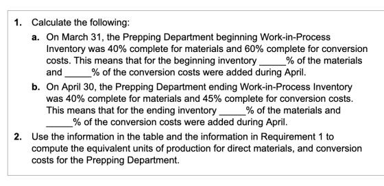 1. Calculate the following: a. On March 31, the Prepping Department beginning Work-in-Process Inventory was 40% complete for