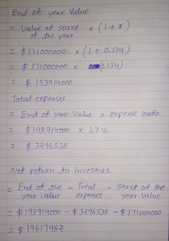 V . End of year Value = Value at start X (1+r) of the year $121000000 x (1 + 0.134) = $171000000 x Panal134) = $ 1939 14000 T