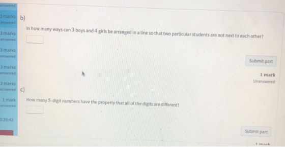 answered 3 marks b) answered In how many ways can 3 boys and 4 girls be arranged in a line so that two particular students ar