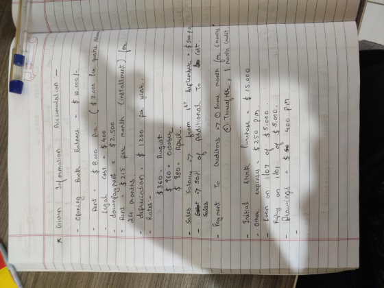 * Given IN ormation Accumulation - - Opening Bank Balance - $10,000/- - Rent : $8,000 poce. ($2.000 Per quatre Adre - Legal C