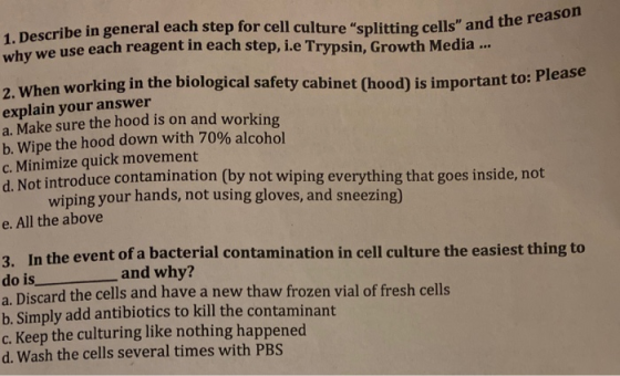 Describe in general each step for cell culture splitting cells and then ve use each reagent in each step, i.e Trypsin, Grow