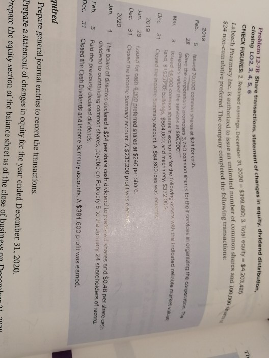 + of changes in equity, dividend distribution Th Problem 12-7B Share transactions, statement closing LO2, 3, 4, 5, 6 CHECK FI