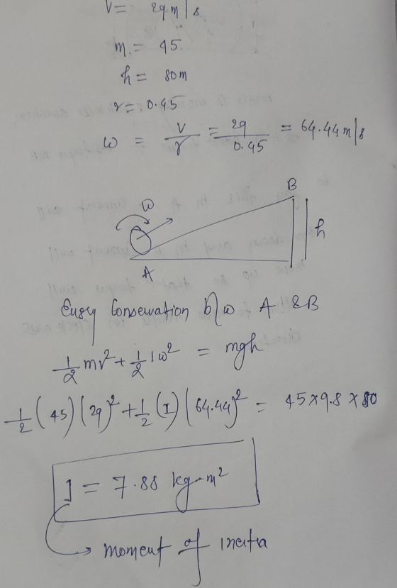 V=qMla m. - 45 h = som V = 0.95 V = 29 0.45 64.44 m/8 r B كه A Eusy Conservation bu A &B & mitt of live = mgh (43) (228+463)