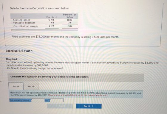 Data for Hermann Corporation are shown below: Selling price Variable expenses Contribution margin Per Unit $ 90 63 $ 27 Perce