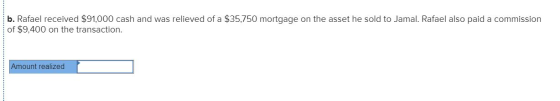b. Rafael received $91,000 cash and was relieved of a $35,750 mortgage on the asset he sold to Jamal. Rafael also paid a comm