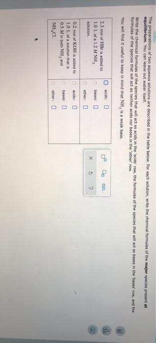 The preparations of two aqueous solutions are described in the table below. For each solution, write the chemical formulas of