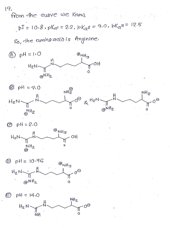 19. from the curve we know, LÞI = 10.8, pkai = 2,2, bka2 = 9,0, bkq3= 12.5 So, che amino acidis Arginine, (6) pH = | . HENV y