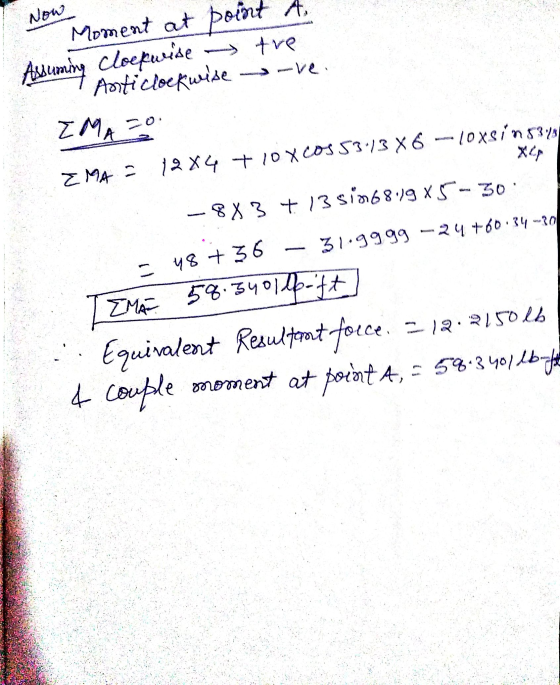 Now ve Assuming Cloeguride Moment at point A. clockwise tre Anticlockwise ZMA 20 EMA = 12x4 + 1oXcos 53.13 X 6 - losing/ -883