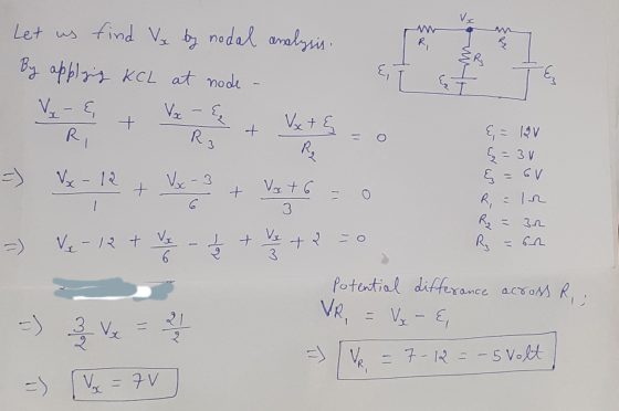 R R3 Let us find Vx by nodal analysis, By applying KCL at node V - E, Vx - { Vx+ E + R Rq ६, J & I + R3 = - 5) x - 12 Vx-3 {,