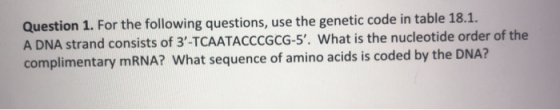 Question 1. For the following questions, use the genetic code in table 18.1. A DNA strand consists of 3-TCAATACCCGCG-5. Wha