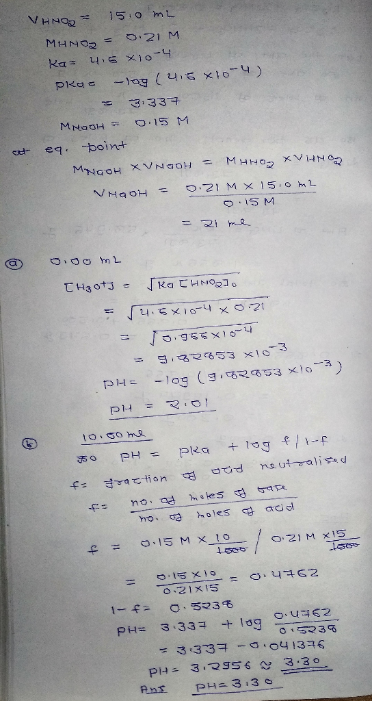 VINO = 1510 m2 MHNO = 0. 21M. ka= 4,5X10-4 Pka -log ( 416 *10-4) - 3.337 MMOOH = 0.15 M at eg. point MNAOH XUNGOH = MHNOZ XVH