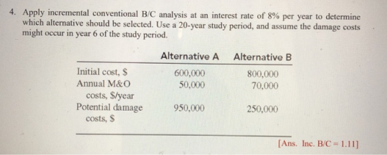 4. Apply incremental conventional B/C analysis at an interest rate of 8% per year to determine which alternative should be se