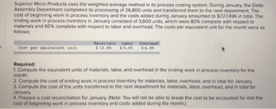 Superior Micro Products uses the weighted-average method in its process costing system. During January, the Delta Assembly De