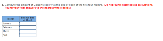 b. Compute the amount of Colsons liability at the end of each of the first four months. (Do not round intermediate calculati