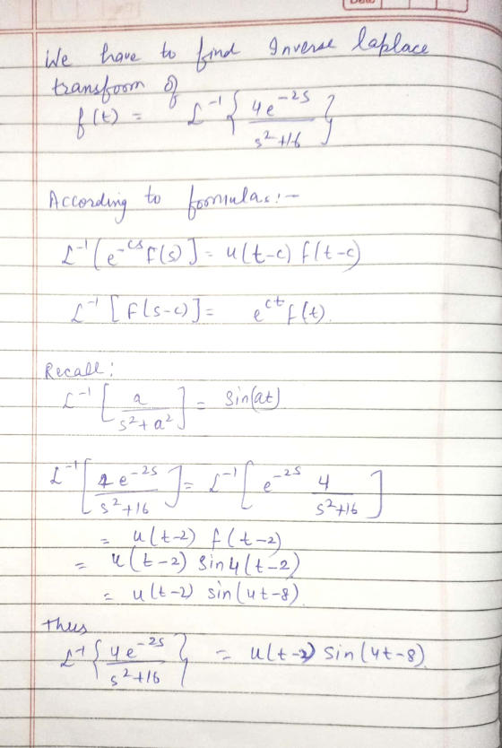We have to find Inverse laplace transform of 5 4e-2s 2 8² +16 According to formulas! L Le Flo J - ult-e) flt-e) 1 [ FLS-e)] =