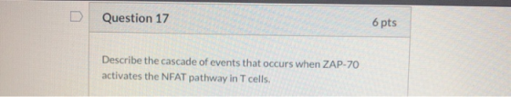 Question 17 6 pts Describe the cascade of events that occurs when ZAP-70 activates the NFAT pathway in T cells.