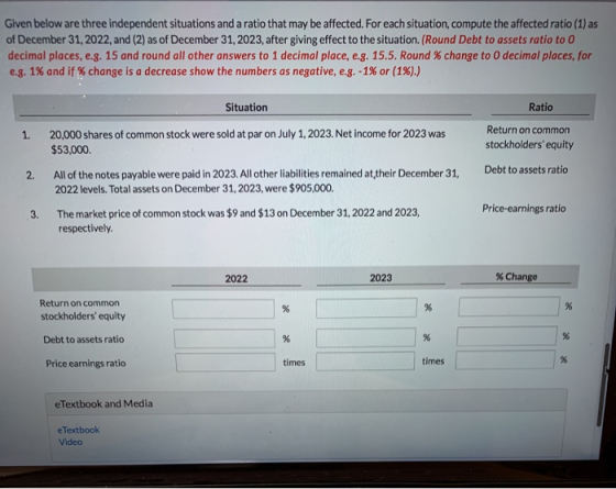 Given below are three independent situations and a ratio that may be affected. For each situation, compute the affected ratio