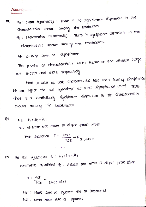 ANSWER: (Q) HO: (Nell hypothesis) : There is no significant difference in the the treatments characterstics shown among .. H,