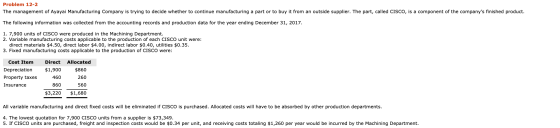 Problem 12-2 The management of Ayayai Manufacturing Company is trying to decide whether to continue manufacturing a part or t