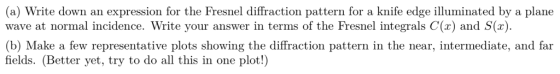 (a) Write down an expression for the Fresnel diffraction pattern for a knife edge illuminated by a plane wave at normal incid