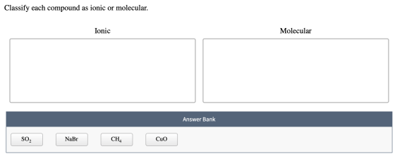 Classify each compound as ionic or molecular. Ionic Molecular Answer Bank so, NaBr NaBr CHA CuO Cuo